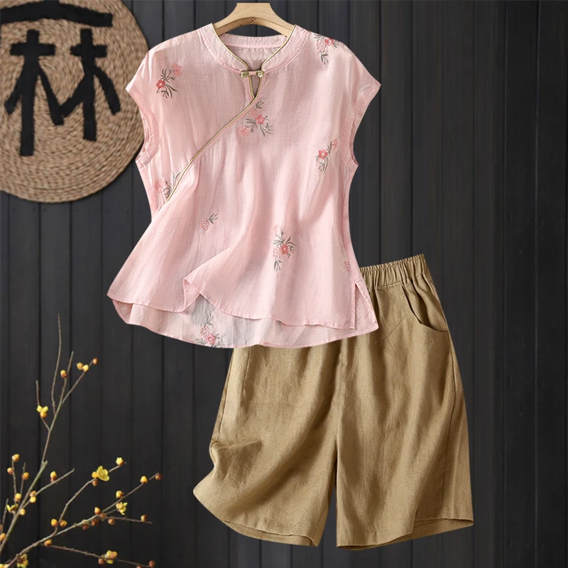 新中式国风套装女士夏季洋气减龄高端苎麻无袖衬衫亚麻短裤两件套