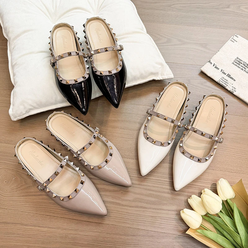 内增高真皮包头半拖鞋女外穿2025夏铆钉尖头气质配裙子法式凉拖