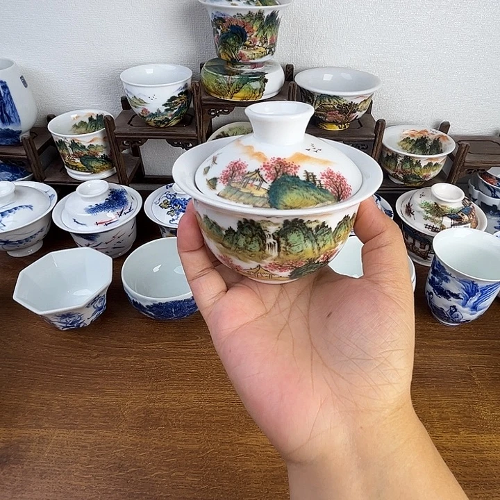 忠意堂釉下彩五彩山水盖碗微瑕不退