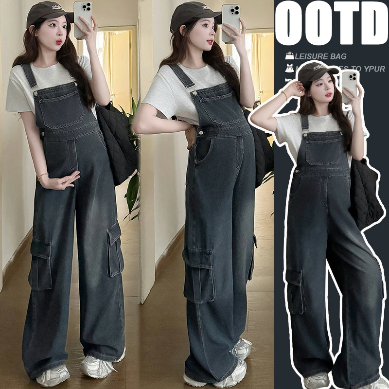 孕妇裤夏季新款时尚韩版洋气减龄重工洗水软牛仔休闲阔腿裤背带裤