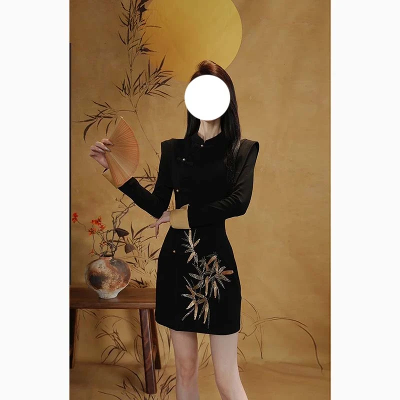 【有里布】新中式竹叶设计高级感改良旗袍连衣裙春秋季D3887