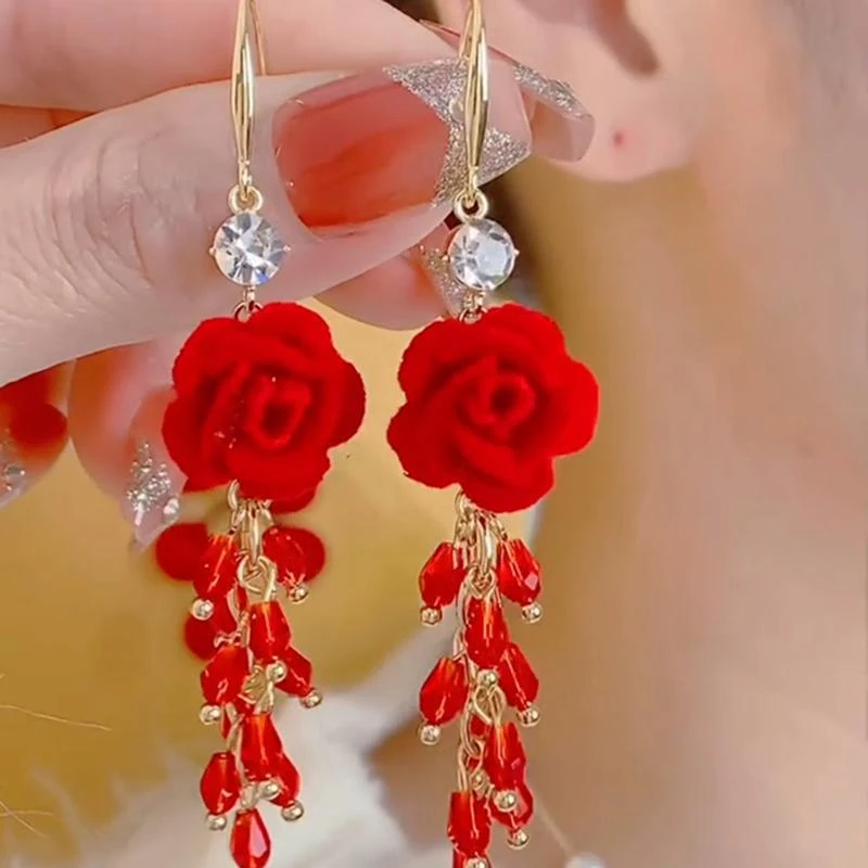 合金耳饰 2025新款潮红色玫瑰花流苏耳环轻奢高级感国风耳钩耳饰