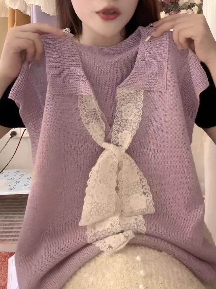 2025年夏季女装新款欧货纯色设计感蕾丝拼接短袖T恤休闲显瘦上衣