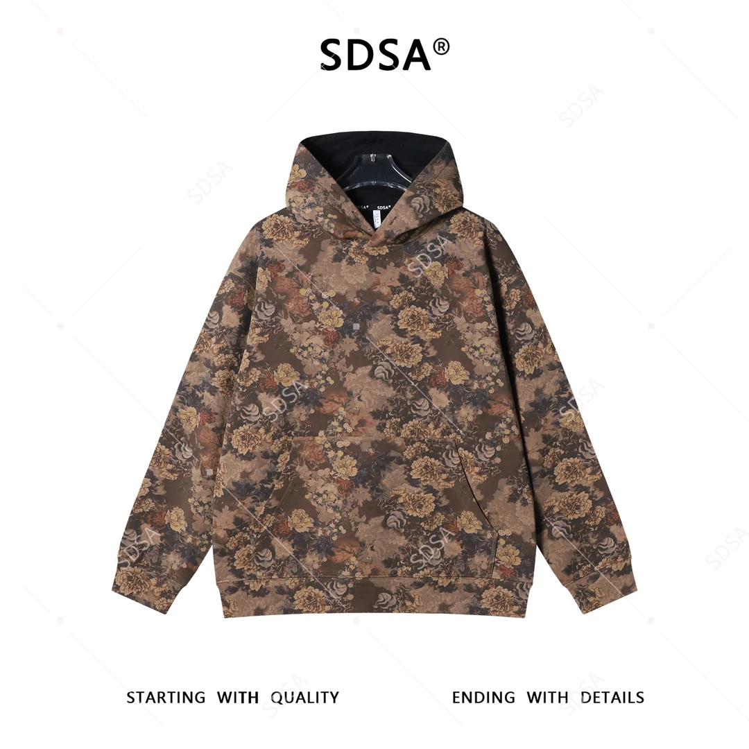SDSA男士秋冬新款痞帅男装潮牌扎染植物花卉连帽卫衣舒适简约上衣