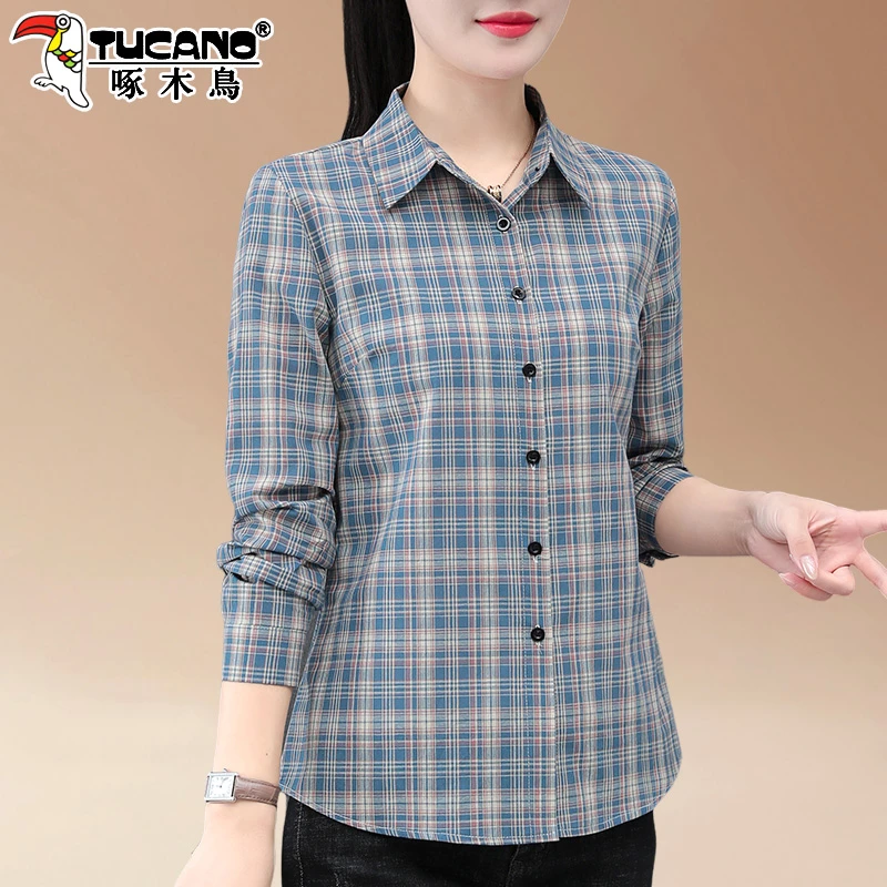 啄木鸟休闲格子衬衫女长袖2025新款春秋洋气妈妈衬衣中年女士上衣