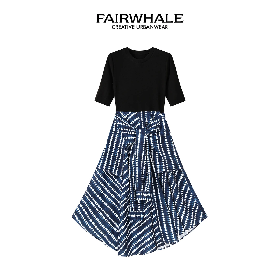 马克华菲女装时尚百搭简约圆领中袖不规则裙摆连衣裙 F52028A063