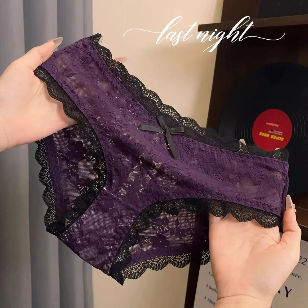 魅力紫色蕾丝无痕内裤女款舒适云朵轻奢性感大码镂空中腰三角裤头