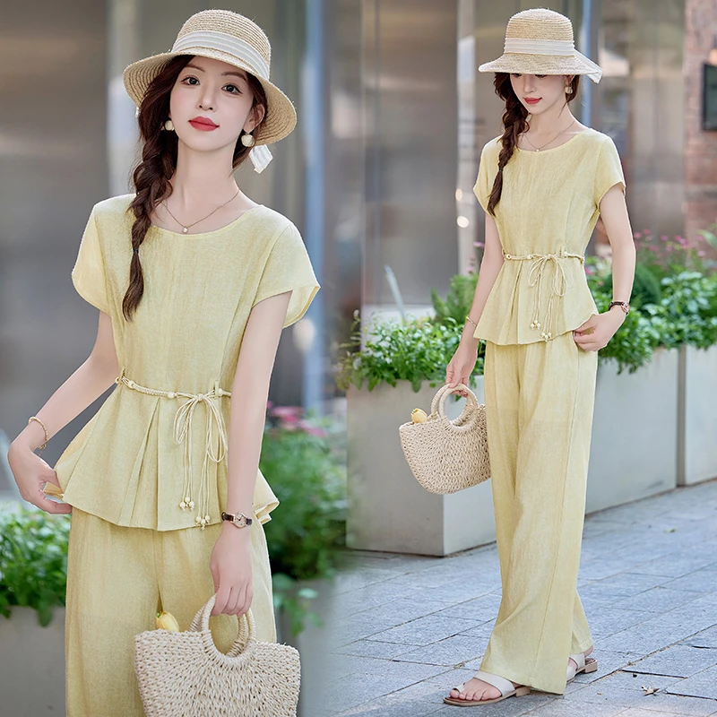 松弛感时尚套装女2025年夏季新款高级感系带收腰显瘦阔腿裤两件套