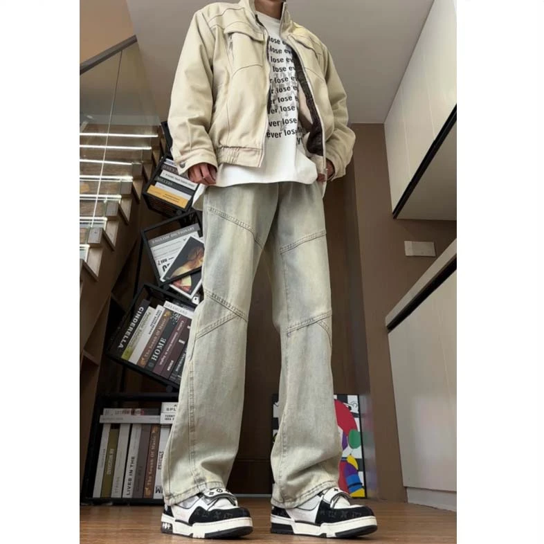 小众设计感拼接条纹牛仔裤男美式复古高街vibe显瘦直筒微喇裤