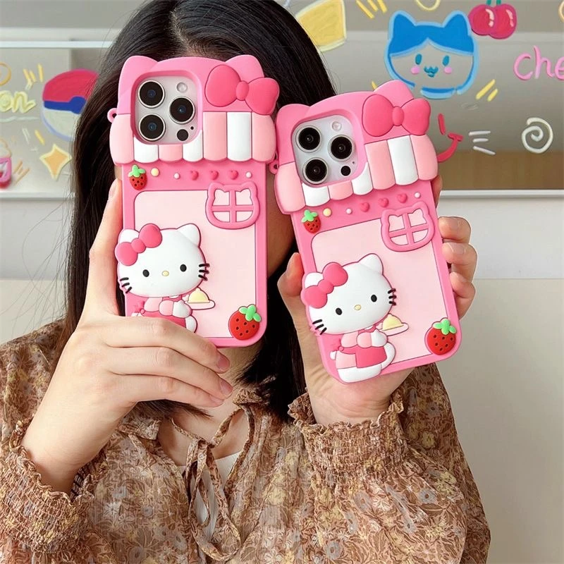 【适用苹果】女款可爱甜品屋kitty猫iPhone16立体15卡通硅胶手机壳