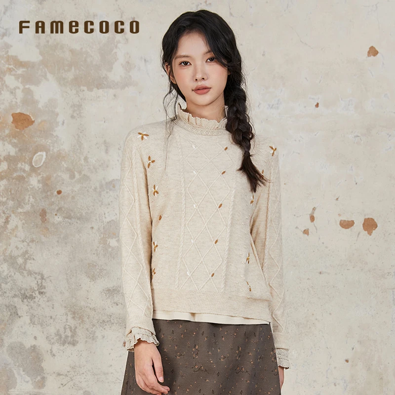 famecoco时尚提花圆领毛衫设计感刺绣长袖上衣女秋季FAB6DB010