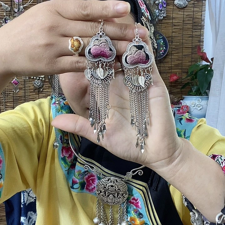 无吊坠925银耳环刺绣