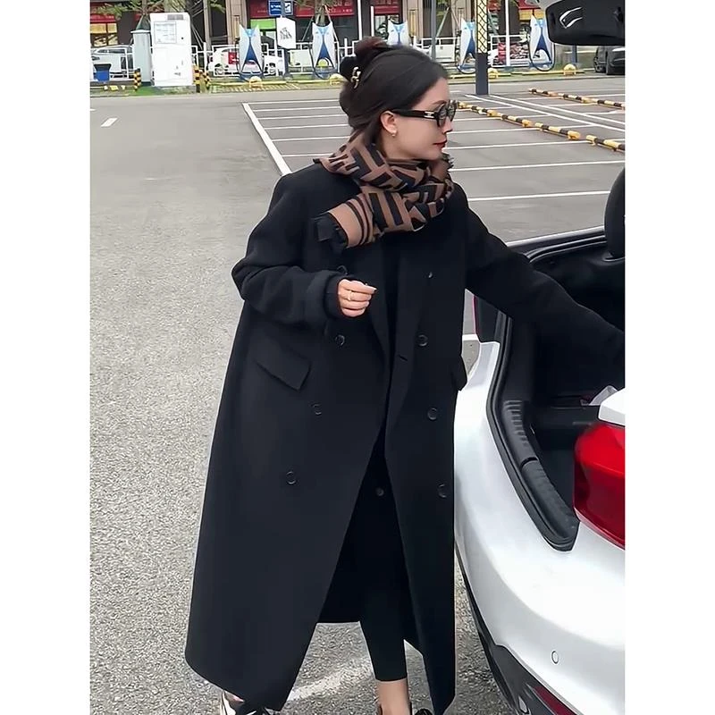 赫本风黑色双面绒羊毛大衣女中长版秋冬新款小个子高级感毛呢外套