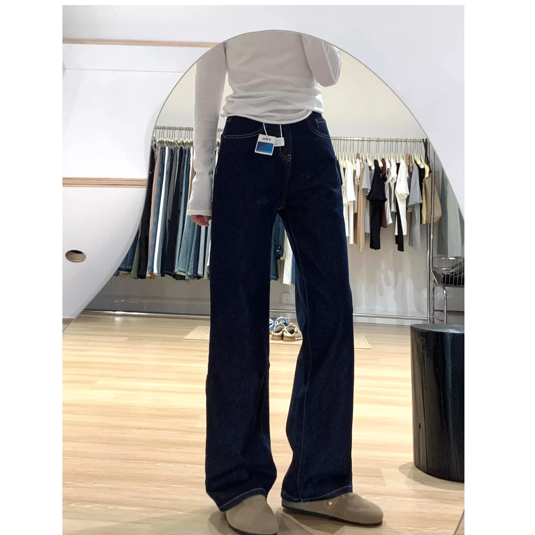 美式复古丹宁色高腰直筒牛仔裤女春秋季慵懒宽松显瘦窄版阔腿长裤