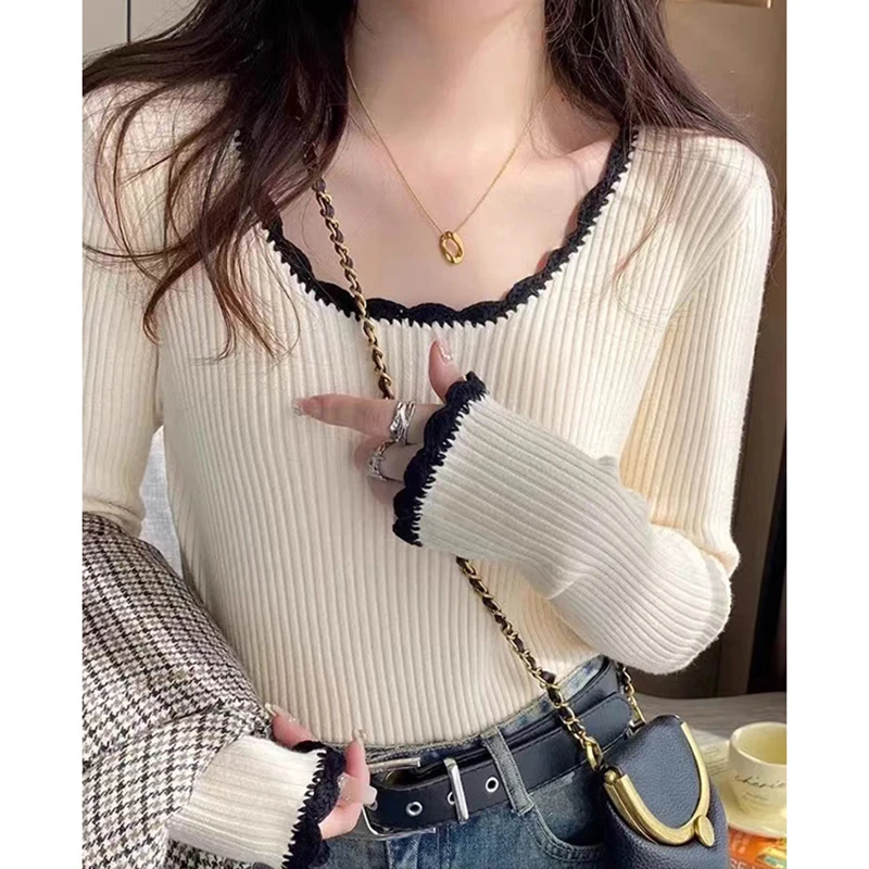 2025新款秋冬季圆领毛衣女外穿百搭拼接木耳边撞色内搭针织打底衫