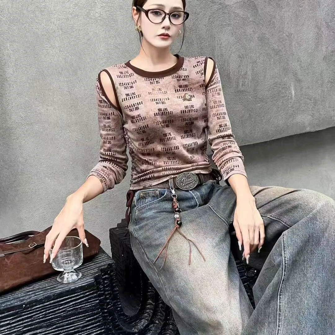 力长袖印花破洞吸汗圆领法式T恤秋季百搭针织时尚洋气