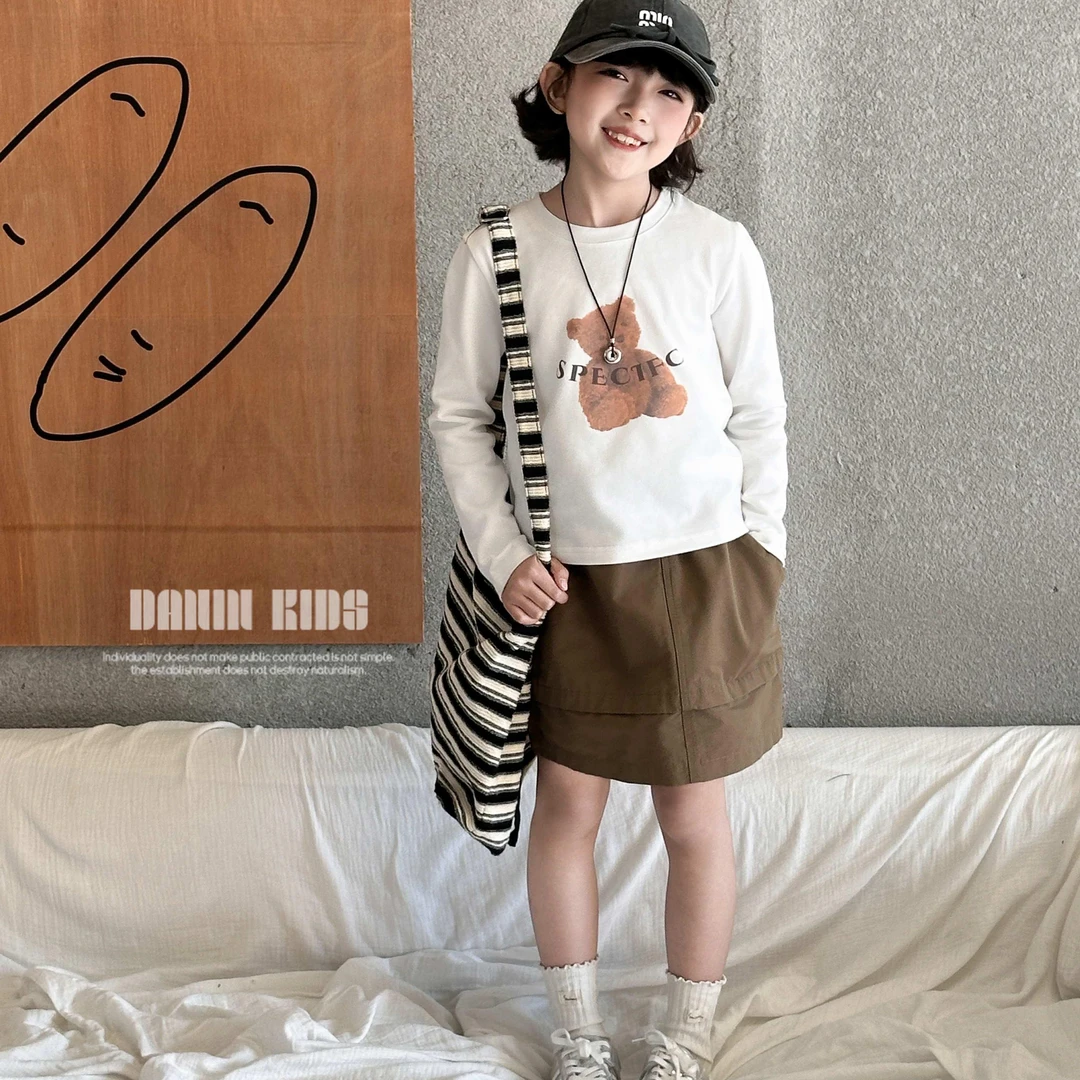 【嗒囜】女童25春秋季白色卡通小熊印花长袖短款T恤儿童女孩上衣