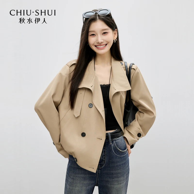秋水伊人翻领外套2025年秋季新款双排扣口袋风衣625308A110060