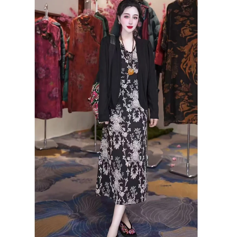 【新款】两件套装碎花显瘦时尚百搭印花连衣裙+外披0312