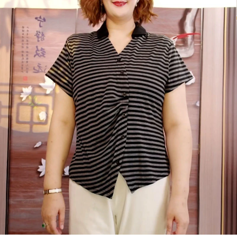 5566短袖高端大码女装遮肚显瘦上衣2025夏季新款条纹衬衣v领T恤