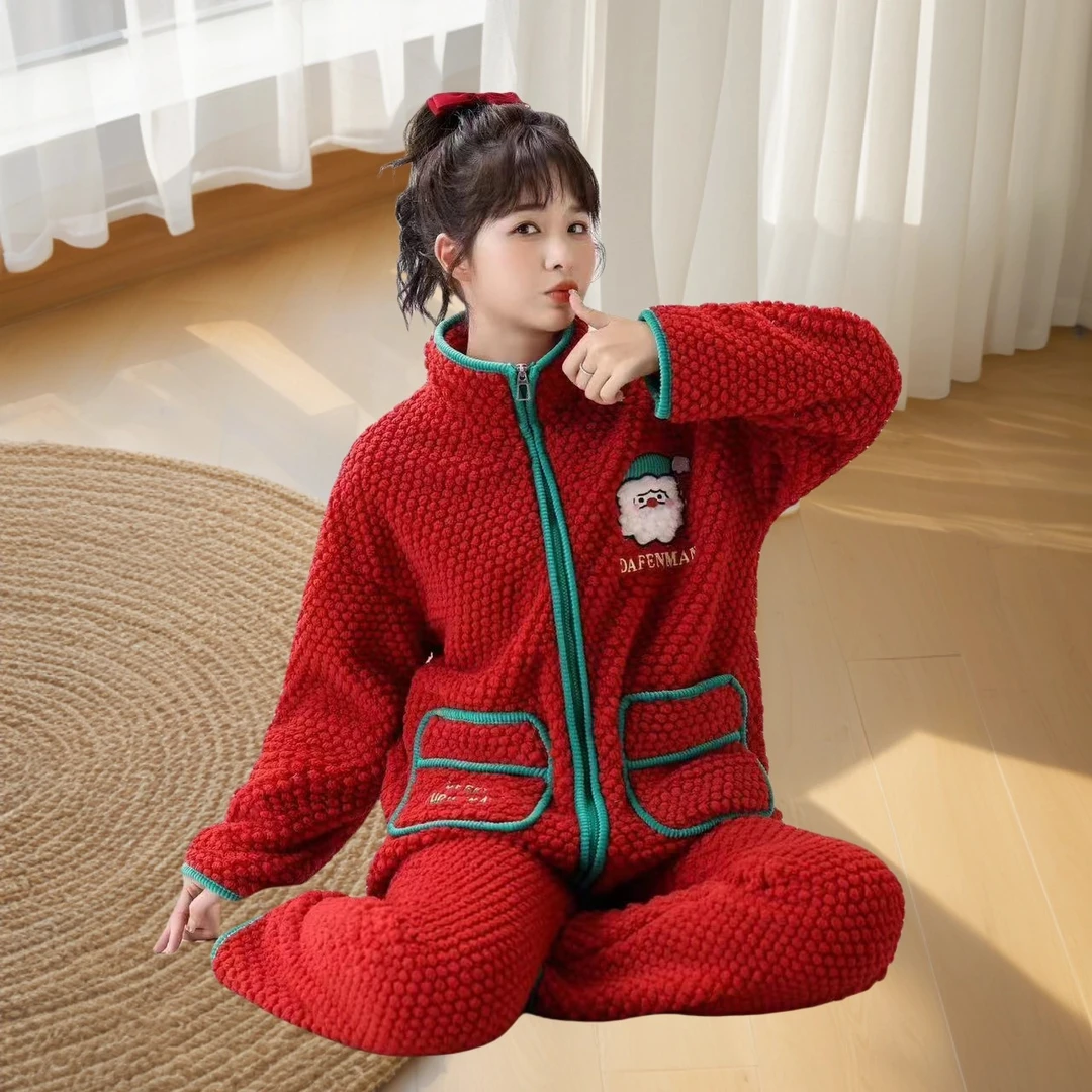 1058绒款红色雪人长袖长裤家居服套装