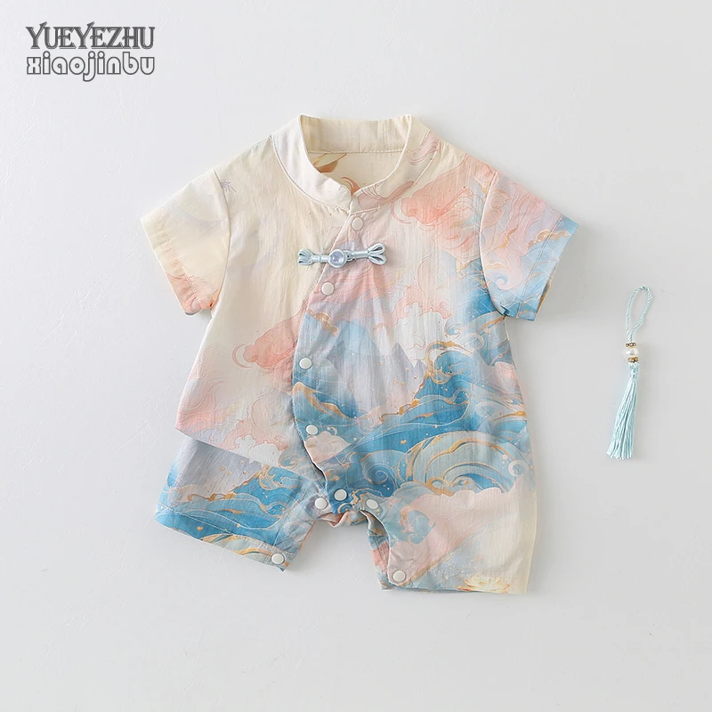 国风婴儿衣服夏季男宝宝帅气夏装外出连体衣满月百天周岁哈衣爬服