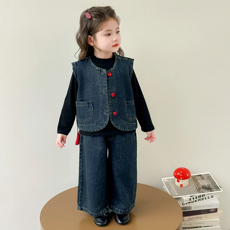 儿童秋装洋气女童牛仔套装时髦女宝宝马甲阔腿裤三件套小女孩韩版