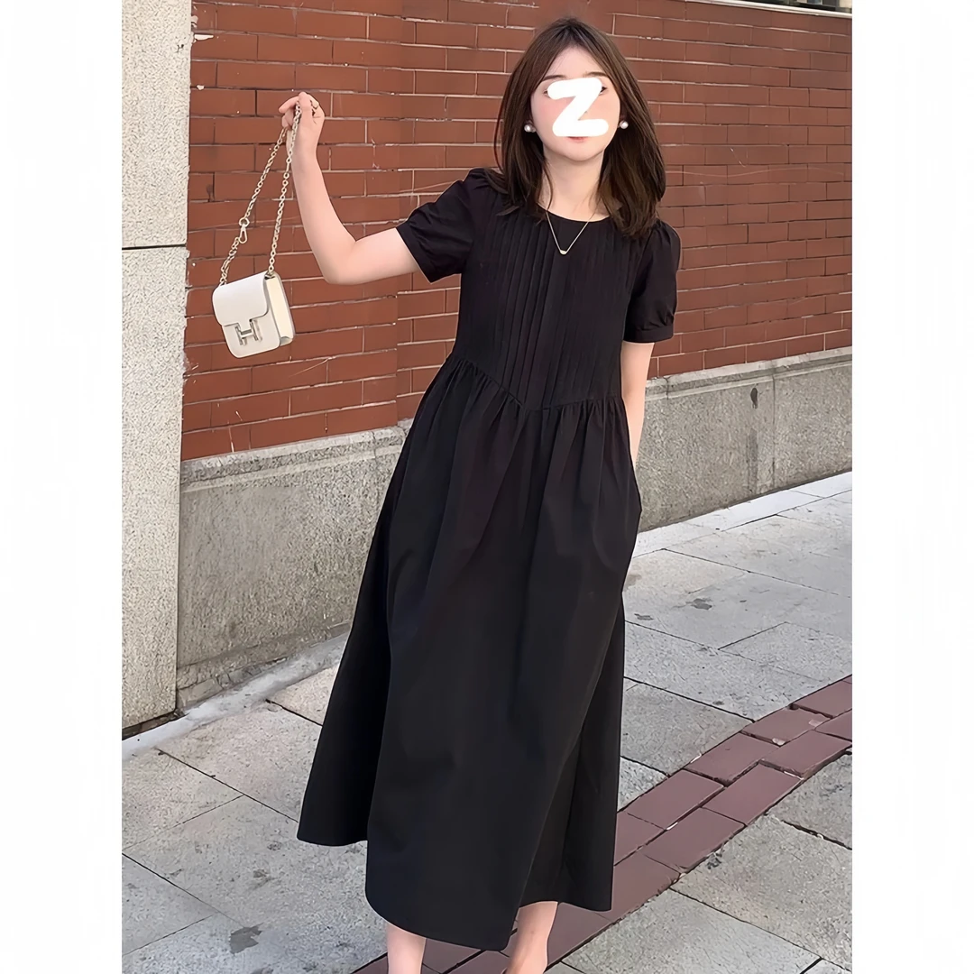 法式黑色高级感短袖连衣裙女2025夏季新宽松压褶泡泡袖镂空裙子女