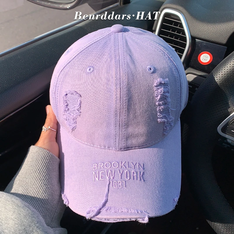 破洞磨边紫色棒球帽女美式复古帽子宽帽檐大脸显脸小软顶鸭舌帽潮