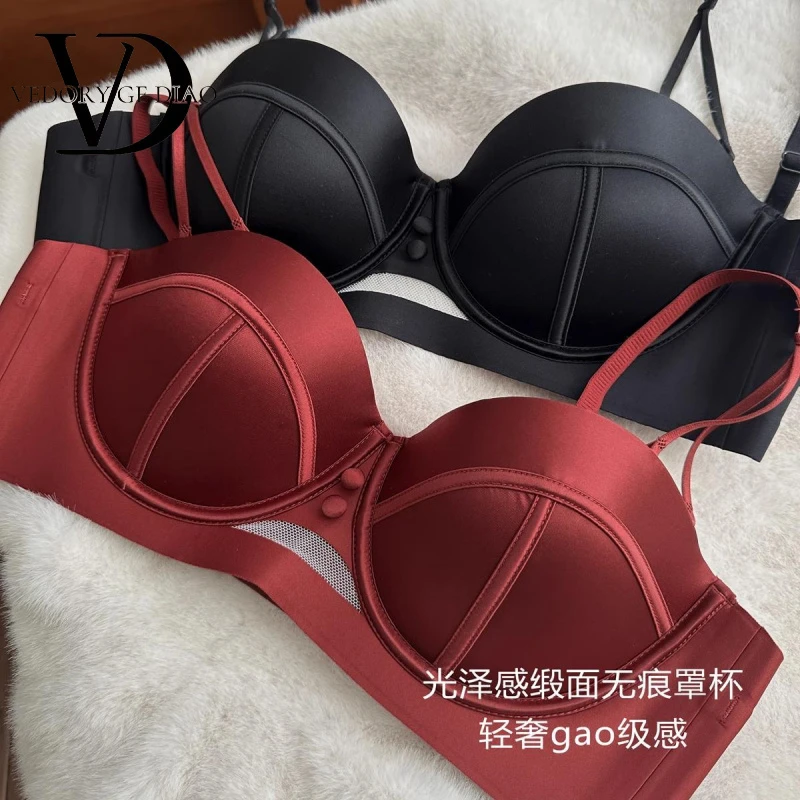 维多利亚法式复古珠光缎面半杯无肩带内衣女小胸聚拢上托防下垂加