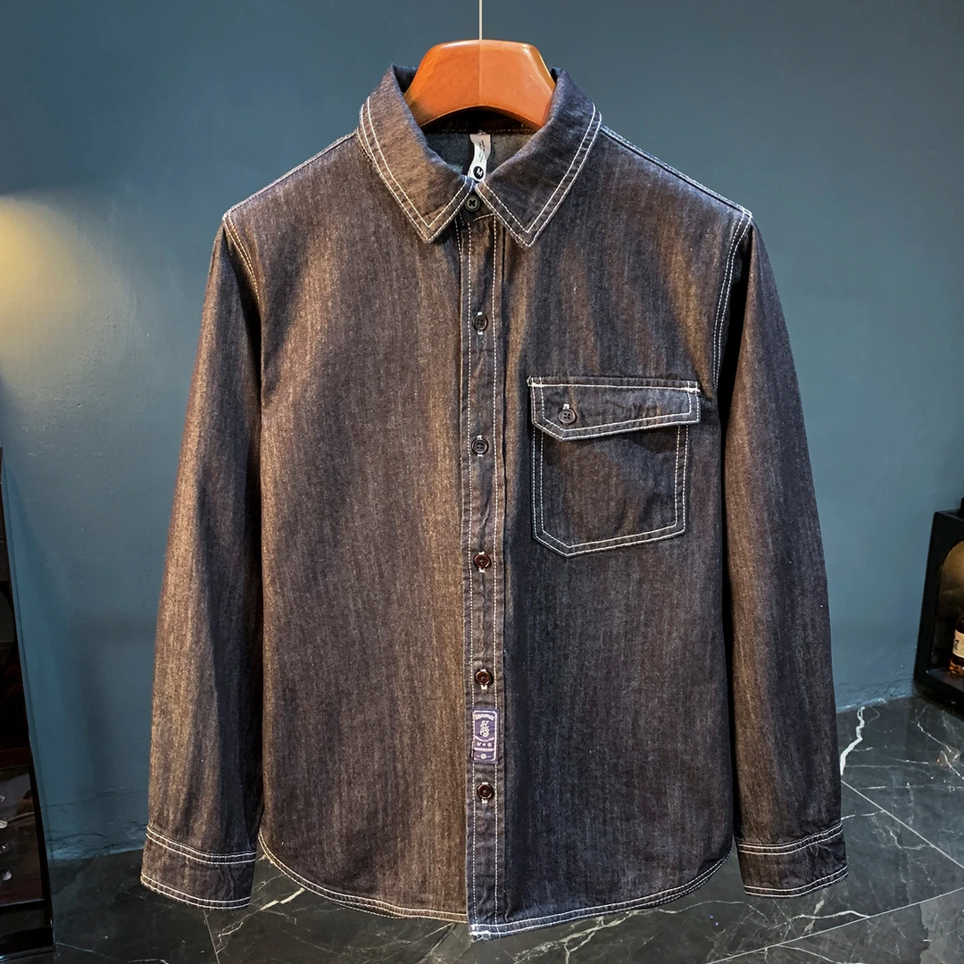 英伦高级感经典原色软牛仔衬衫男2025秋季纯棉休闲长袖衬衣外套男