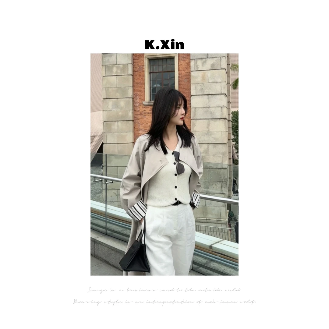 老钱慵懒风拼接条纹袖口设计款显瘦中长款风衣设计感休闲I5154