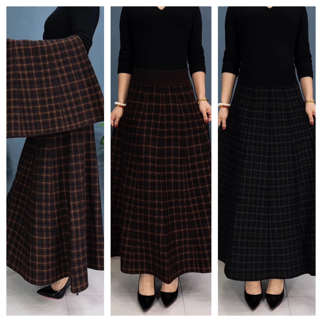 9633#秋冬季新款格子针织毛裙厚款高腰高弹力高腰长裙女士半身裙