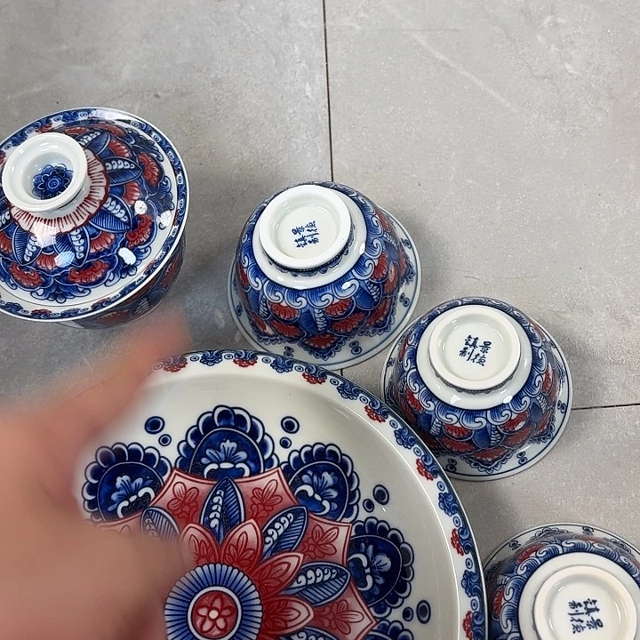 瓷片釉里红曼陀罗花5件套
