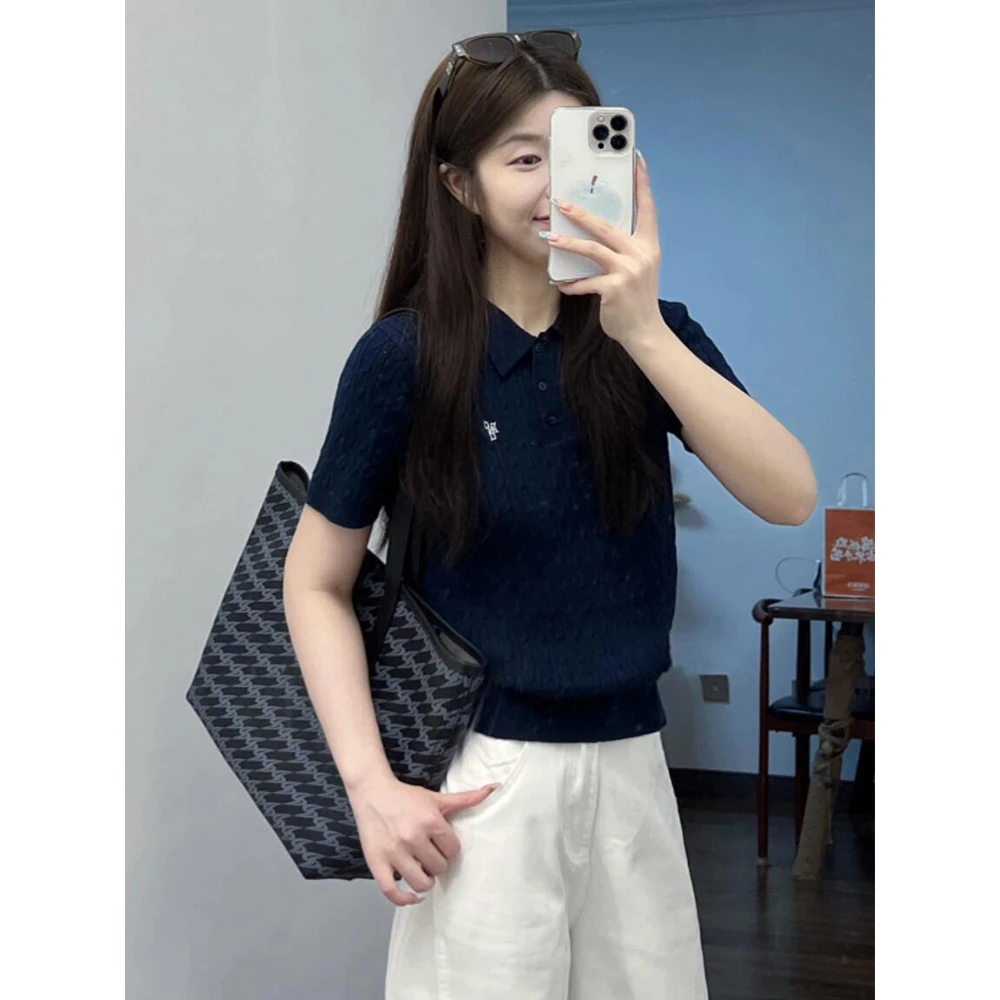 韩系藏青色polo领针织冰丝短袖t恤女夏季独特超好看短款正肩上衣