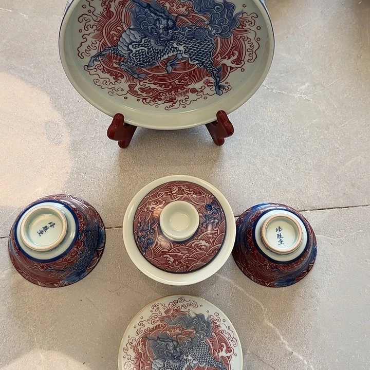 瓷片景德镇麒麟踏浪五件套