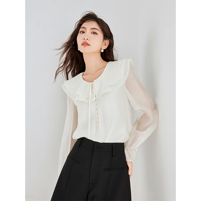 【红袖 】喇叭袖直身荷叶边圆领套头上衣 90123272001