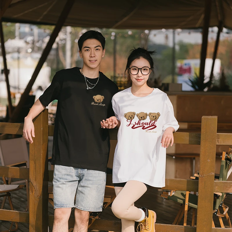 【两件装】30卡通熊夏季纯棉百搭情侣装休闲时尚圆领宽松短袖t恤