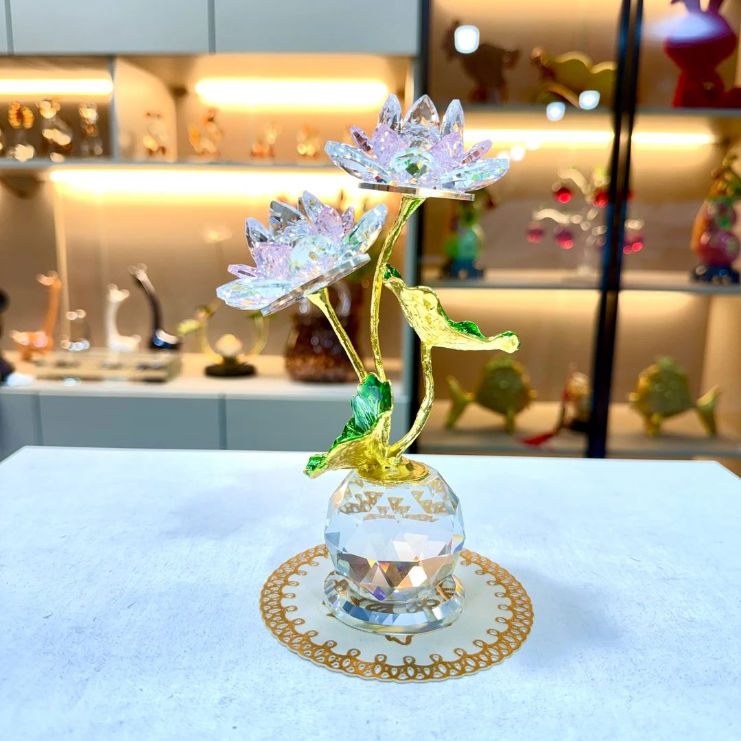 新款精致K9水晶玻璃莲花荷花创意家居摆件好运莲莲装饰品珐琅彩