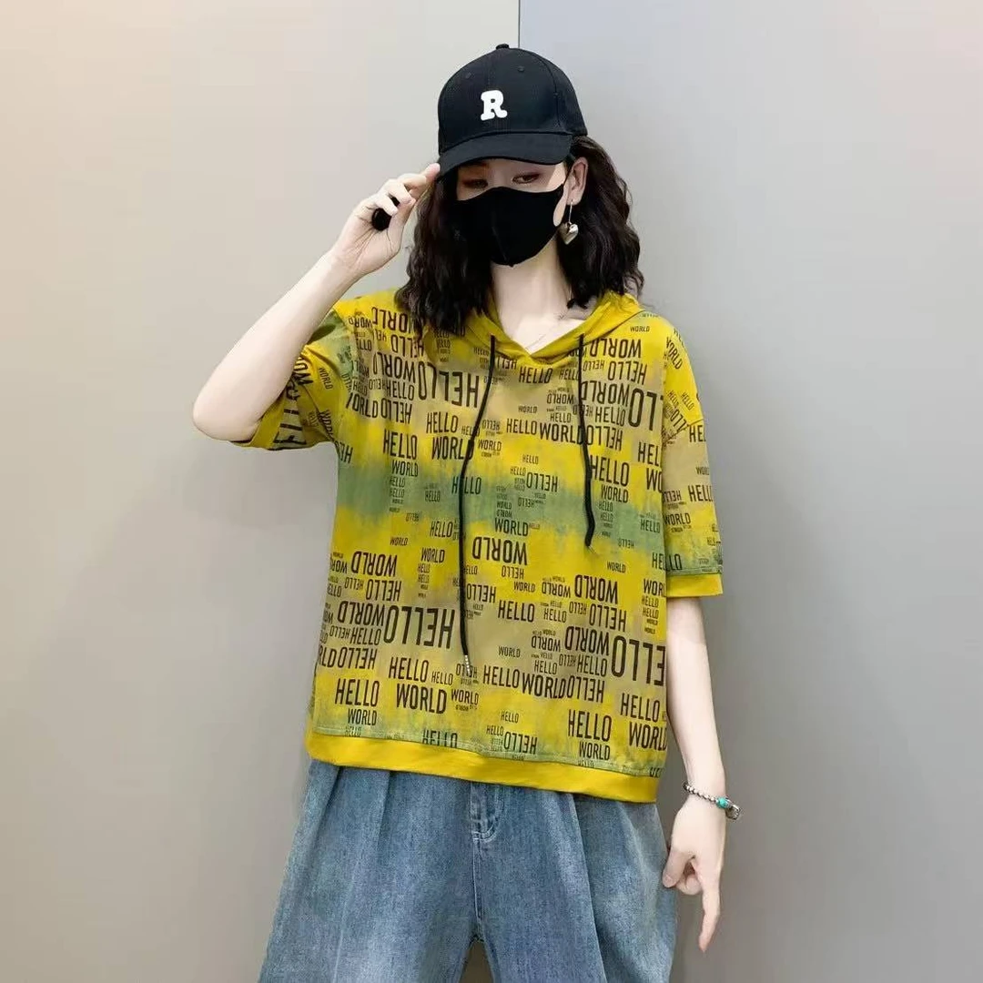 常规印花做旧3D字母短袖连帽T恤运动套装夏季中性风大码显瘦洋气