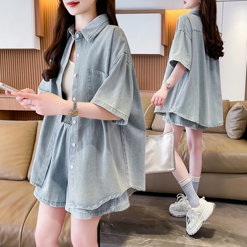 甜辣风短袖牛仔衬衫短裤套装女夏季新款韩版宽松大码时尚两件套潮