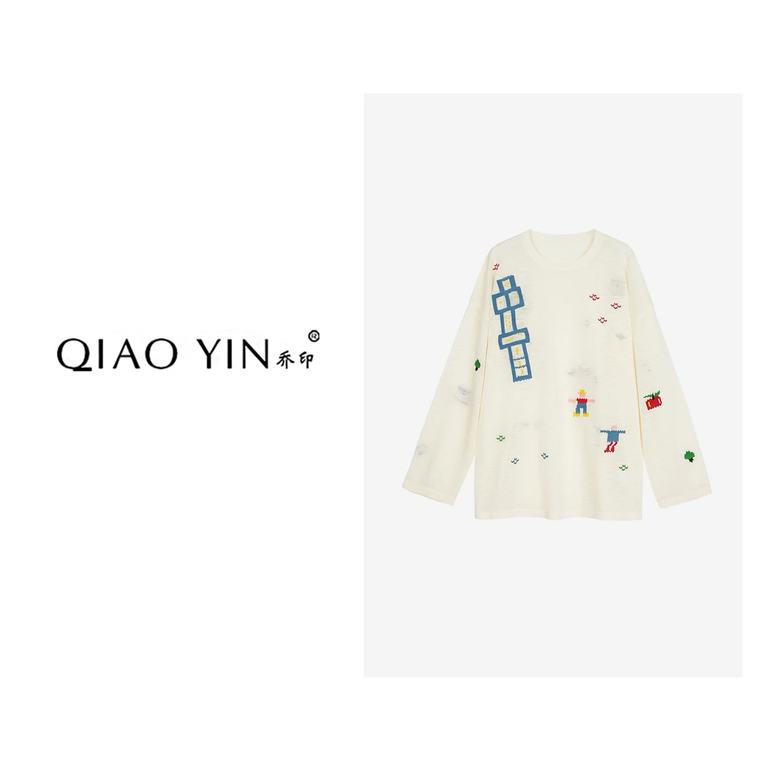 QIAO YIN“小衫”长袖时尚春季印花设计师圆领提花QY26976