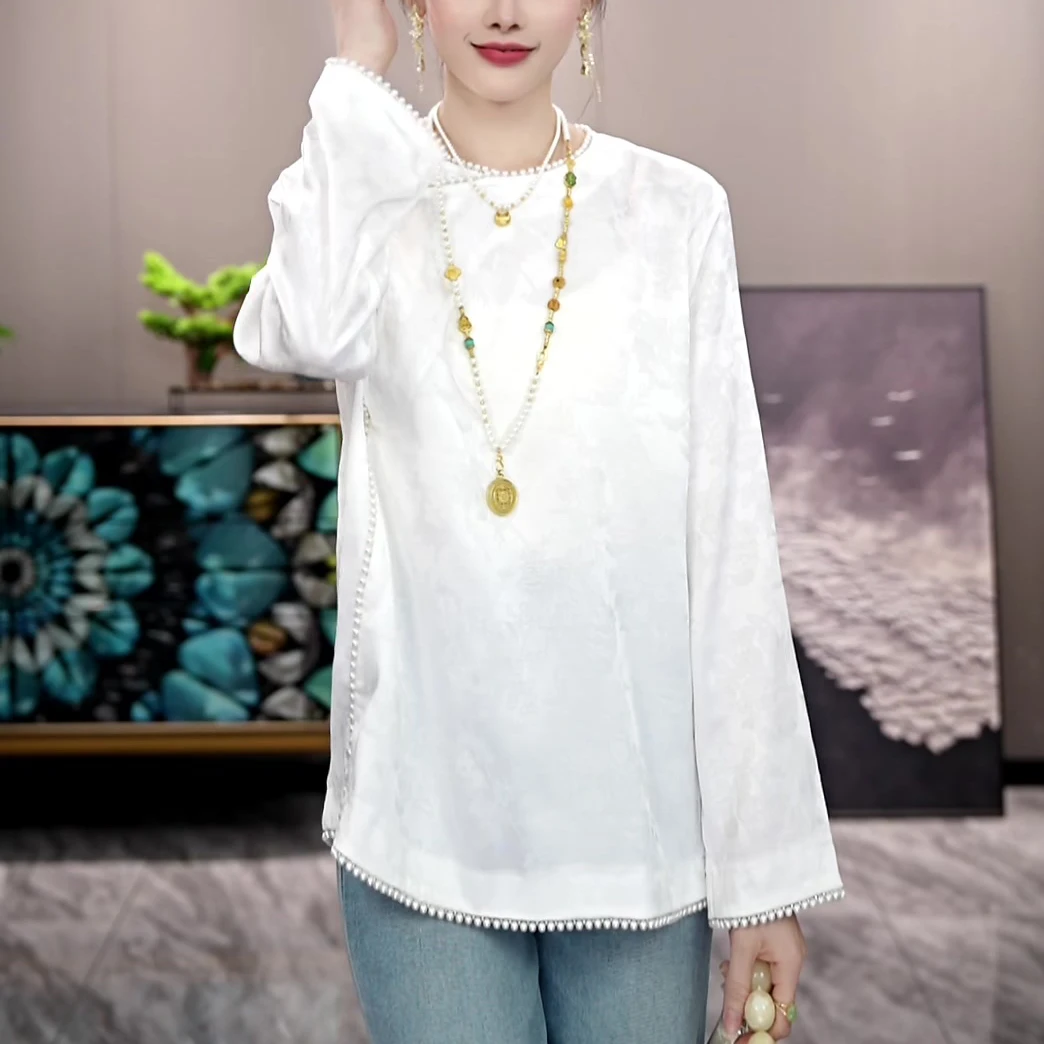 春夏中国风纯色时尚简约气质百搭宽松洋气减龄显瘦提花钉珠上衣女