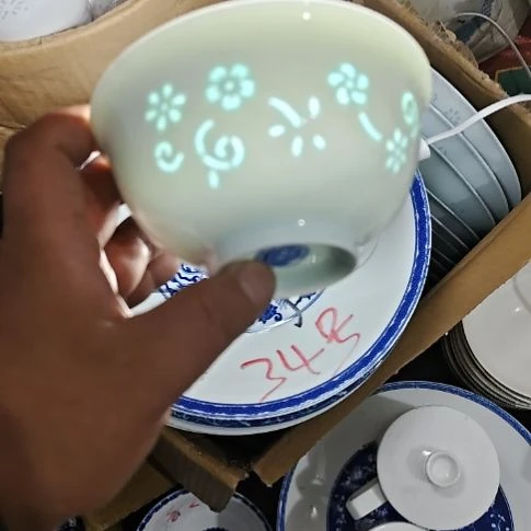 瓷玲珑青色4.5寸吃饭碗6个微瑕疵