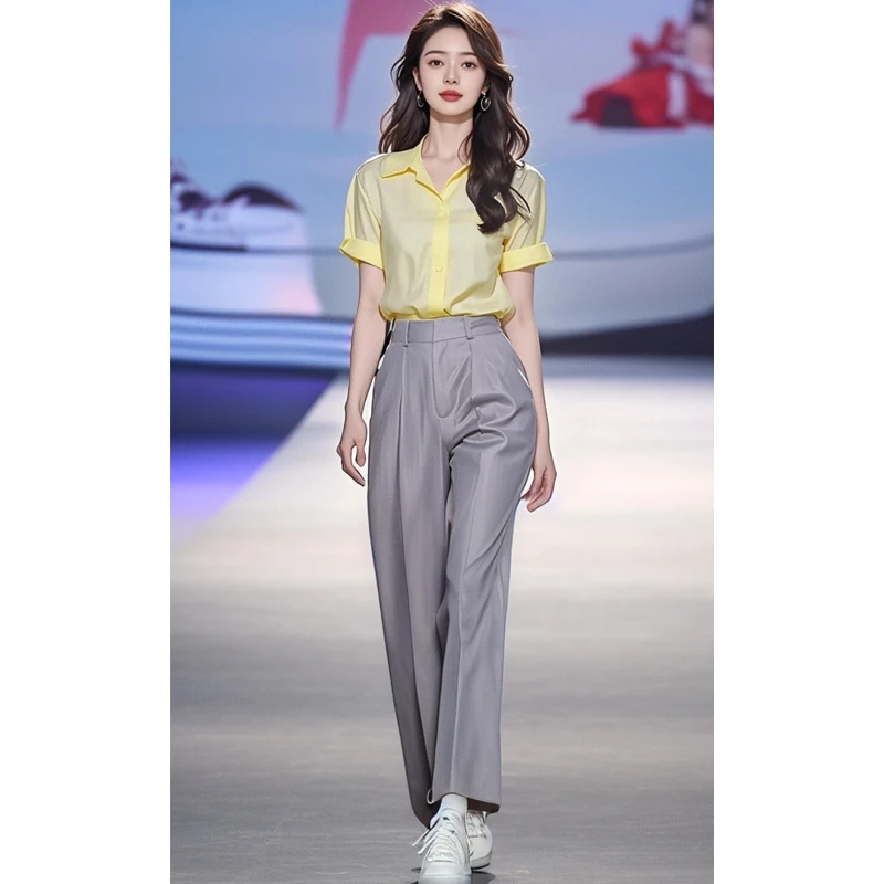 2025新款今年流行漂亮小衫法式上衣衬衣黄色短袖衬衫女款夏季套装