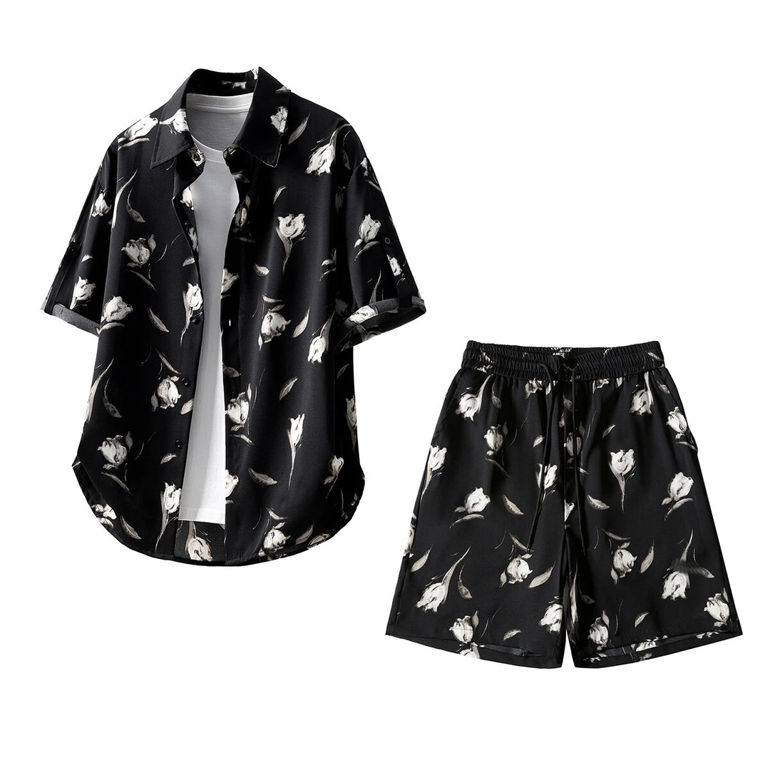 清凉套装男款冰丝短袖衬衫夏季薄款大码衬衣痞帅宽松沙滩短裤半袖
