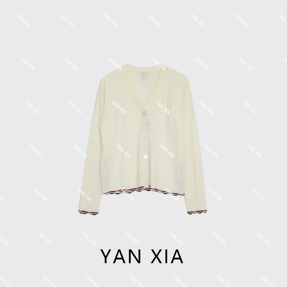 "TB" 羊毛V领开衫毛衣 门襟撞色设计 巨舒服 女士开衫外套 W-512