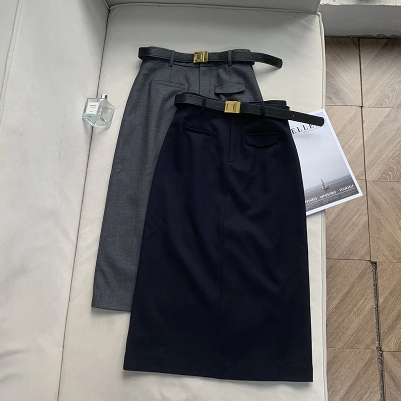 【南油溪溪】法式高级垂吊感半身裙简约口袋设计时尚长裙 802013