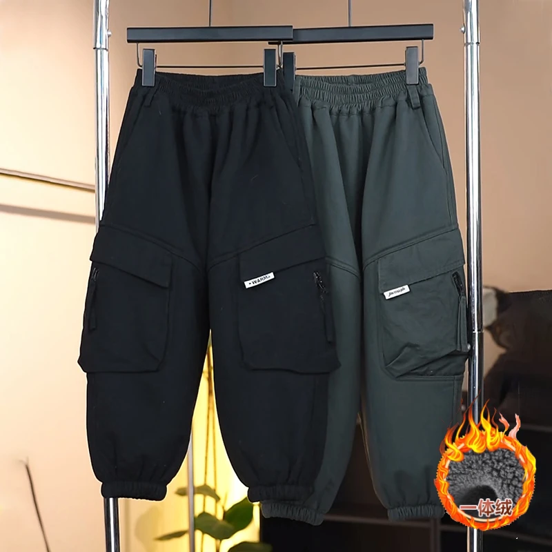 【加厚纯棉一体葵花绒】2025年冬季男大童新款宽松韩系一体绒工装裤