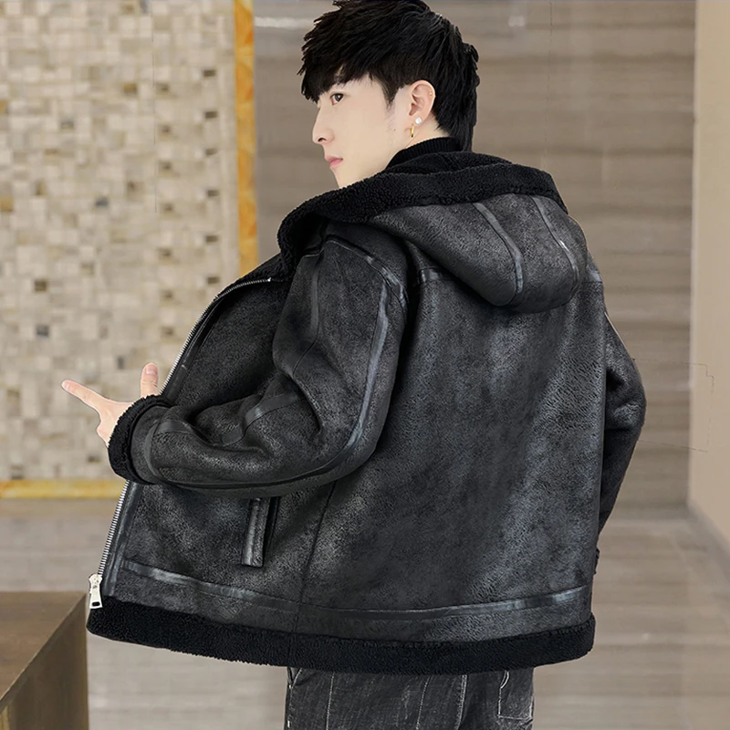 高级感连帽羊羔绒外套男秋冬款男装加厚保暖皮毛一体男士棉服男款